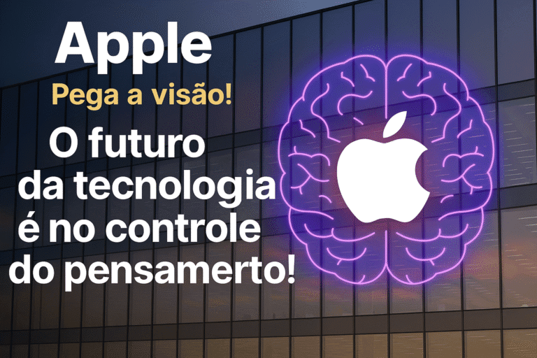 Ilustração de uma maçã da Apple integrada ao cérebro humano, simbolizando o avanço da tecnologia de interface neural.